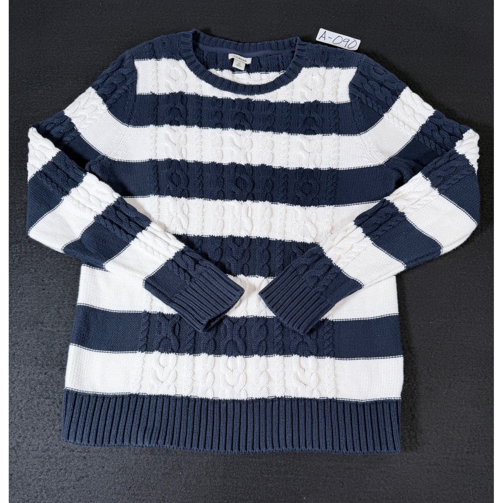 LL Bean Mens Medium Navy White Striped Cable Knit Cotton Crewneck Sweater 501411